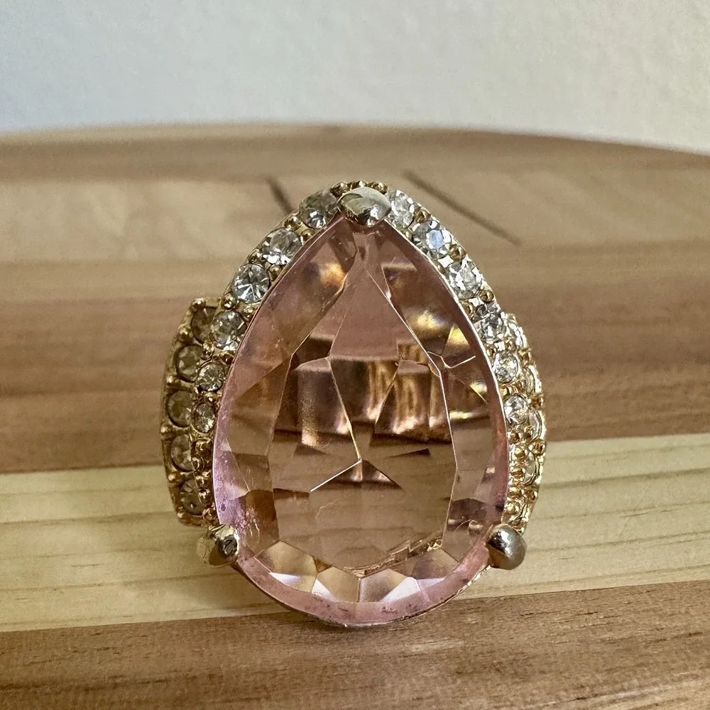 Vintage Arnold Scaasi Cocktail Ring Size 6 Pink Clear Crystals Gold Plate Signed